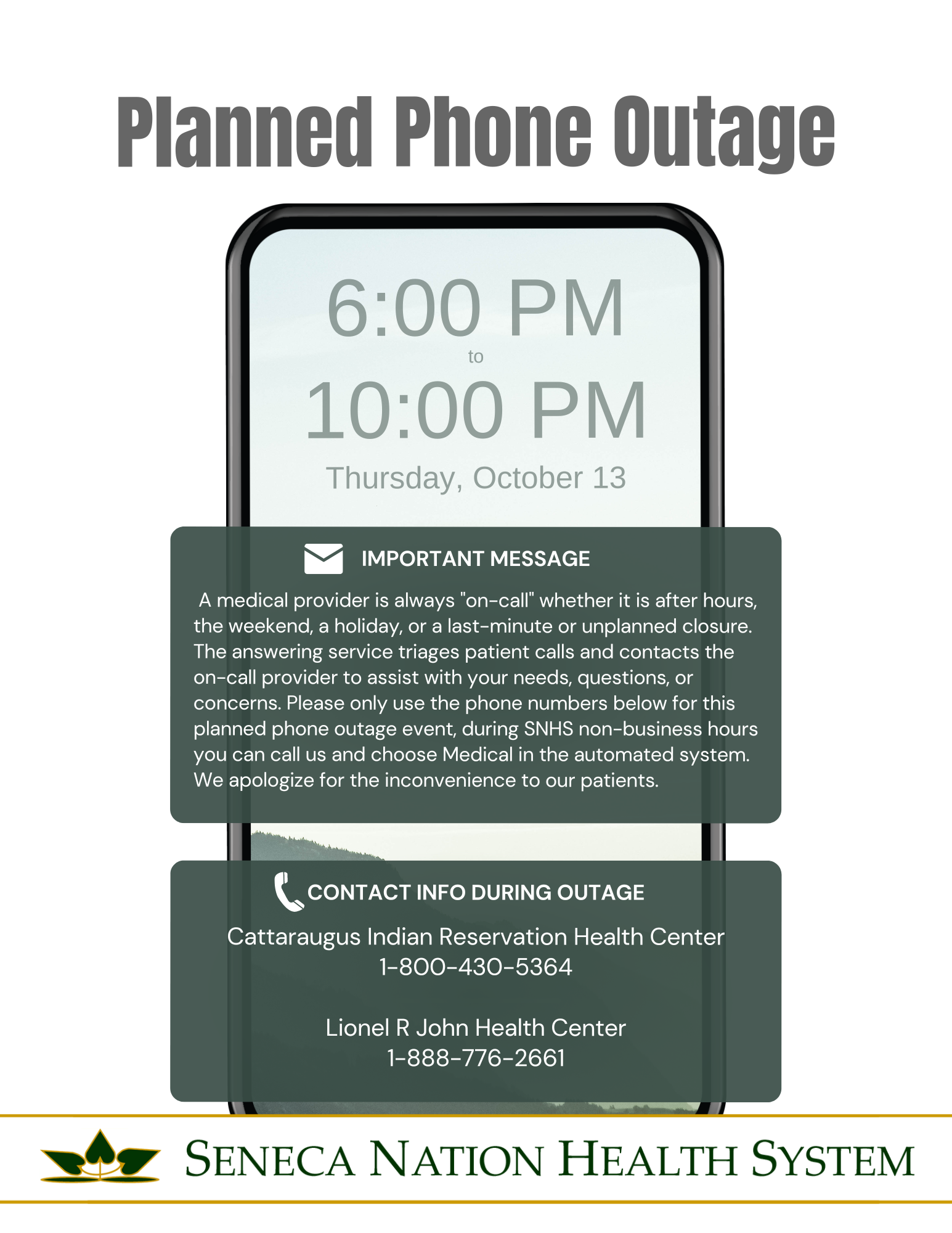 Phone Outage During Nonbusiness Hours Seneca Nation Health System